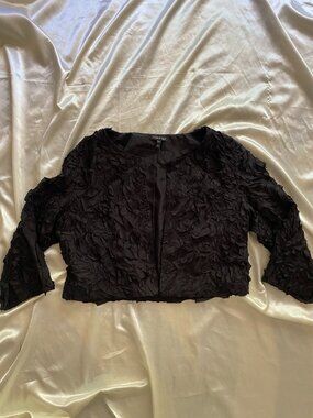 Eileen Fisher 100% Silk Black Textured Cropped Open Jacket Medium Classic